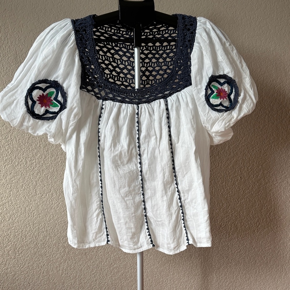 Cleobella White Peasant Top with Navy Crochet Neckline and Floral Embroidery